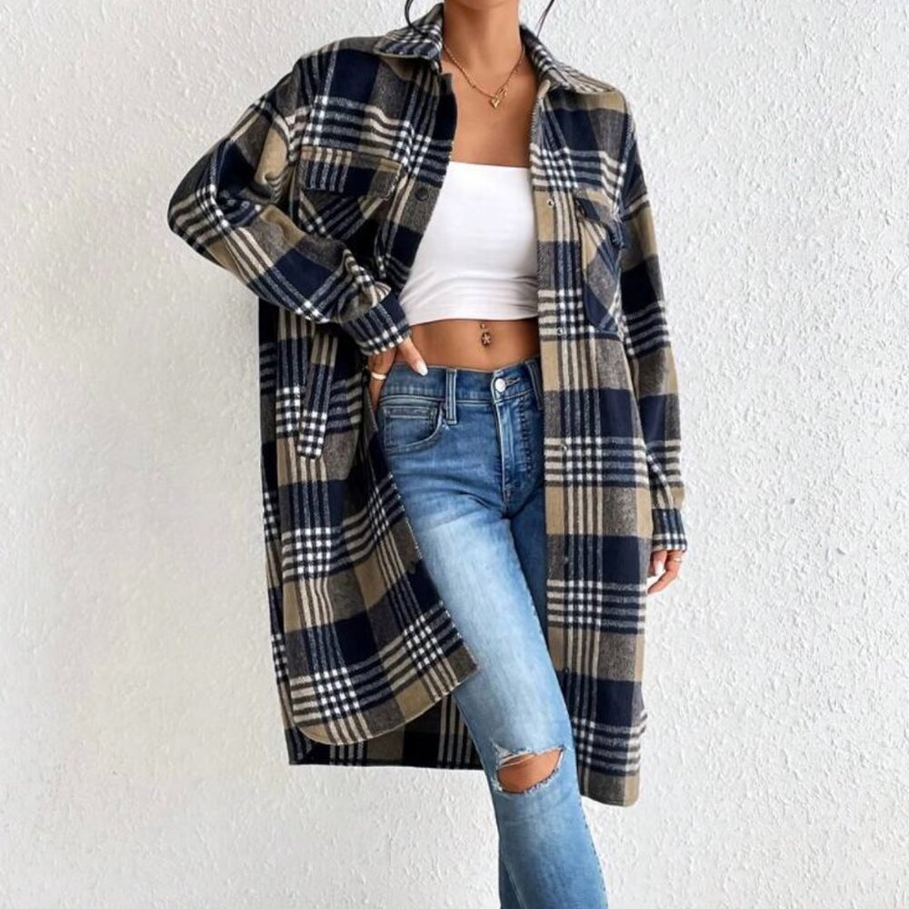 Plaid Flannel Shirt Jacket Cream Navy S